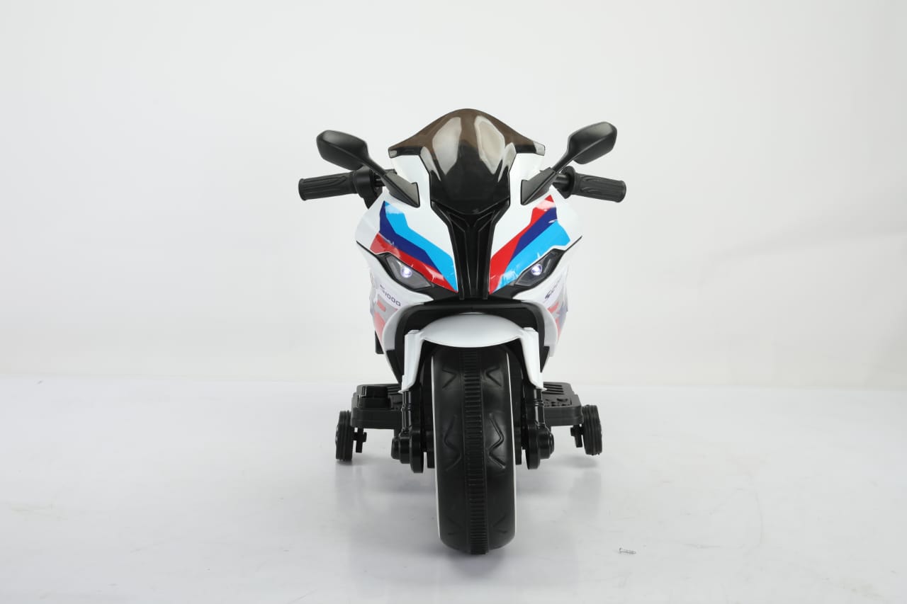 Kids' electric ride-on motorbike in white with BMW-style graphics, training wheels, and working headlights. www.usmile.toys